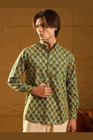 DENNISON Floral Block Printed Mandarin Collar Cotton Short Kurta