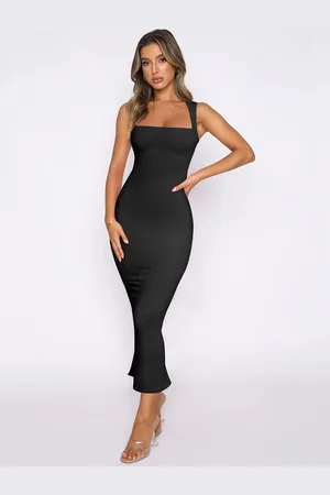 HERE&NOW Women Solid Shoulder Straps Bodycon Midi Dress