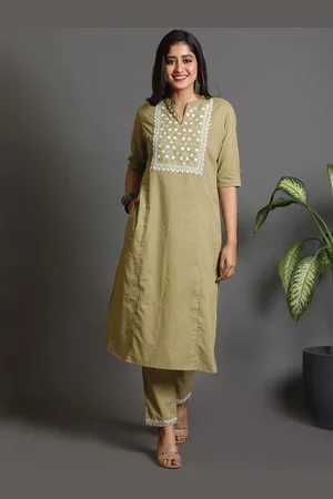 EarthWear Floral Embroidered Thread Work Pure Cotton A-Line Kurta with Trousers