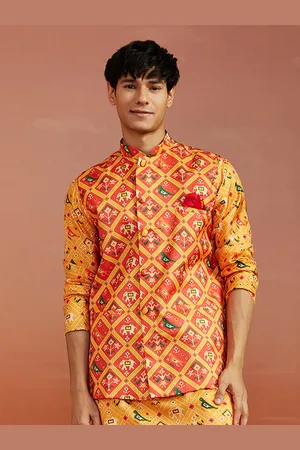 Vastramay Men Red & Yellow Patola Printed Satin Slim-Fit Nehru Jacket