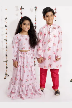 Vastramay Girls Pink & Red Printed Ready to Wear Cotton Lehenga & Choli