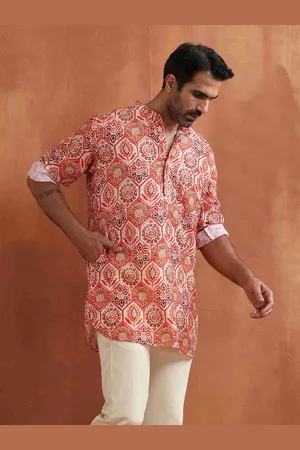 trueBrowns Ethnic Motifs Printed Band Collar Short Straight Kurta