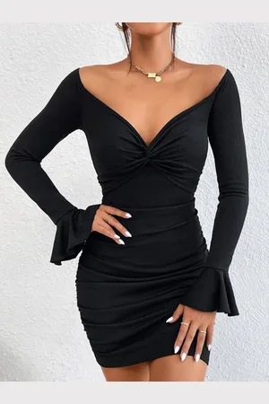HERE&NOW Women Off-Shoulder Bell Sleeve Bodycon Mini Dress