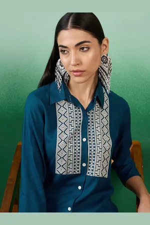 Sangria Teal Blue & White Embroidered Shirt With Trouser