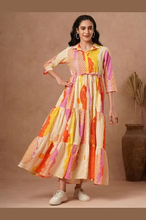 FASHOR Women Cotton Printed A-Line Tiered Maxi Dress