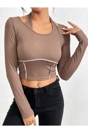 HERE&NOW Women Round Neck Long Sleeves Crop Top
