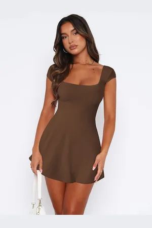 HERE&NOW Women Solid Square Neck Cap Sleeeves A-line Mini Dress
