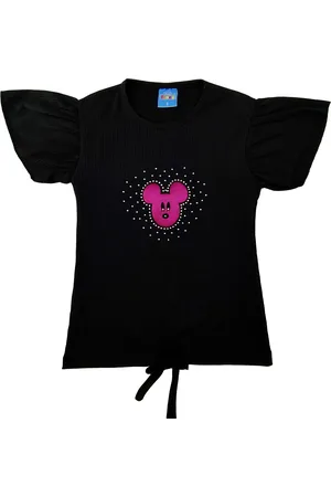 BAESD Girls Embellished Cotton Mickey Mouse Front Knot Fitted Regular Top