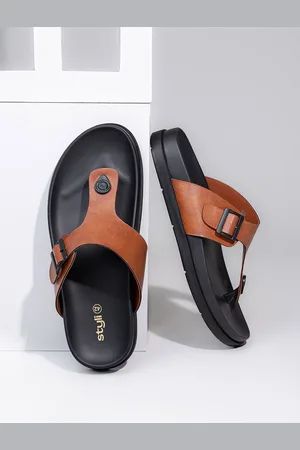 Styli Men Tan Brown Buckle Detail Open Toe Comfort Sandals