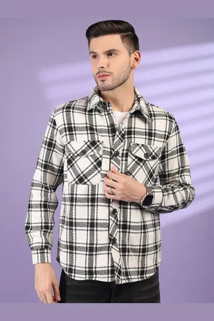CHKOKKO Checked Woolen Spread Collar Long Sleeve Shirt