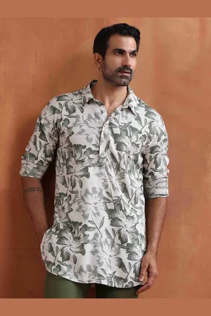 trueBrowns Floral Printed Shirt Collar Cotton Kurta