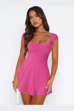 HERE&NOW Women Solid Square Neck Cap Sleeeves A-line Mini Dress