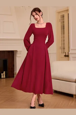HERE&NOW Women Square Neck Long Sleeves Maxi Dress