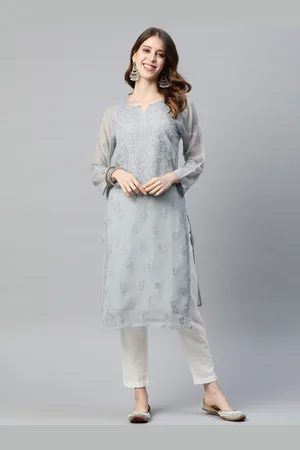 ADAM Co. Women Grey Ethnic Motifs Embroidered Chikankari Georgette Handloom Kurta With Matching Slip