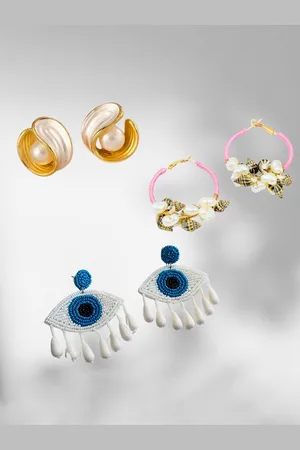 ISHKAARA Set Of 3 Gold-Plated Stone Studded Studs, Drop And Hoops Earrings