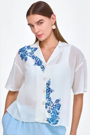 COVER STORY Women Cuban Collar Floral Printed Linen Blend Casual Shirt