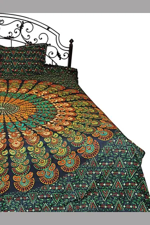 Exotic India Ponderosa Pine Printed Giant Mandala Pure Cotton Bedspread with Pillow Cases