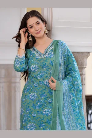DORIYA Floral Printed Thread Work Straight Kurta With Trousers & Dupatta