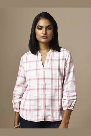 Chemistry Cotton Checked Mandarin Collar Shirt Style Top