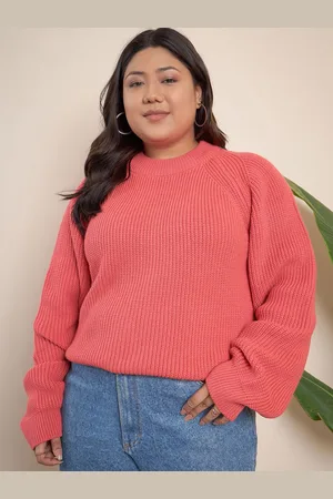 CURVY STREET Women Cable Knit Round Neck Long Sleeves Pullover with Fuzzy Detail