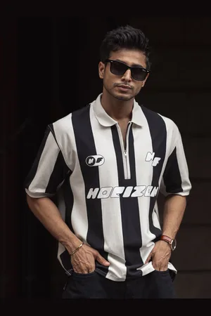 Powerlook Men Striped Polo Collar Cotton Oversized T-shirt