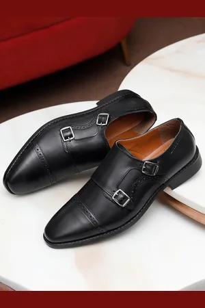 LOUIS STITCH Men Jet Black Premium Italian Leather Formal Monk Shoes