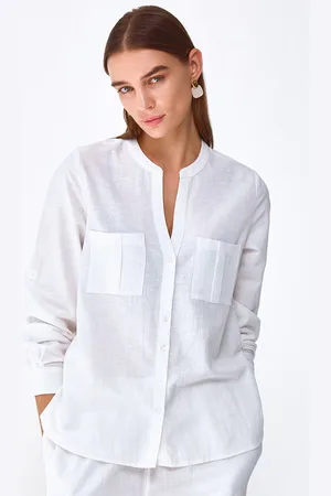 COVER STORY Women Mandarin Collar Solid Linen Blend Casual Shirt