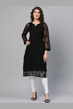 ADAM Co. Women Black Ethnic Motifs Chikankari Straight Handloom Kurta with Inner