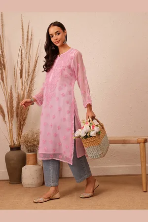 ADAM Co. Floral Embroidered Notch Neck Lucknowi Chikankari Georgette Straight Kurta With Slip