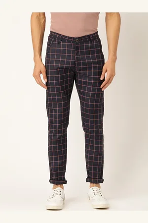 SOJANYA Men Navy Blue & Pink Smart Fit Checked Regular Trousers