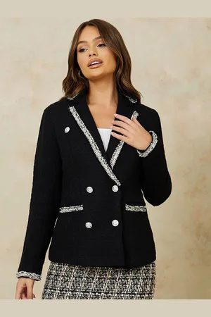 Styli Notched Lapel Collar Double Breasted Tweed Blazer