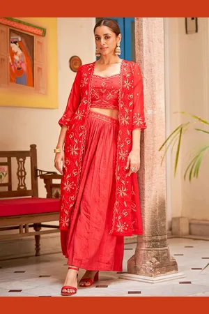 DRESOUL Embroidered Shoulder Straps Neck Sleeveless Top With Palazzo With Shrug