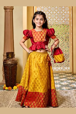 Vastramay Girls Woven Design Puff Sleeves Ready to Wear Lehenga & Blouse