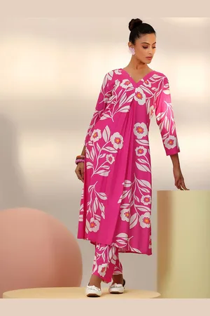Libas Pink Floral Printed V-Neck Tunic With Trousers