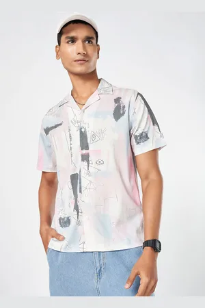 PEOPLE Men Cuban Collar Abstract Printed Slim Fit Casual Shirt