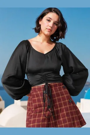 KOTTY Women Solid V-Neck Bishop Sleeves Satin Crop Top