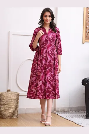 Claura Women Mandarin Collar Floral Printed A-Line Midi Dress