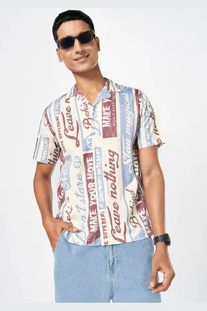 PEOPLE Men Cuban Collar Typography Printed Slim Fit Casual Shirt