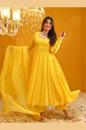 Bunaai Round Neck Sequinned Anarkali Kurta With Trousers & Dupatta