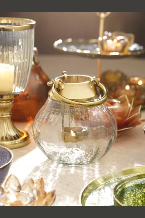 Pure Home and Living Transparent & Gold-Toned Textured Clear Glass Tea Light Holder