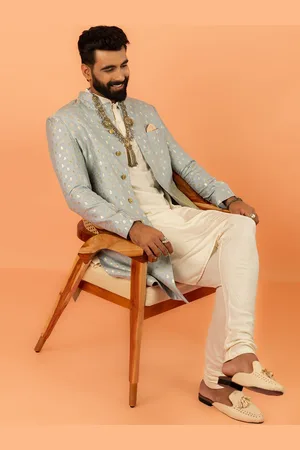 KISAH Self Design Mandarin Collar Indowestern Sherwani Churidar Set
