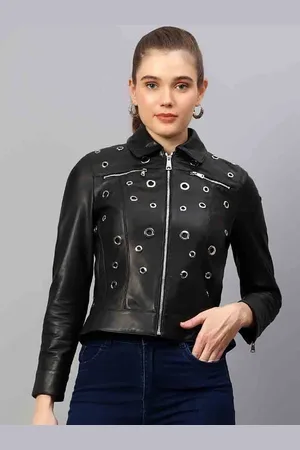 SAINT G. Women Geometric Leather Water Resistant Crop Denim Jacket