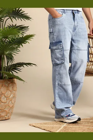 Mast & Harbour Men Wide Leg Light Fade Stretchable Cargo Style Jeans