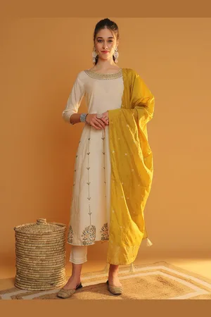 Tulsattva Floral Embroidered Regular Chanderi Cotton Anarkali Kurta With Trouser & Dupatta