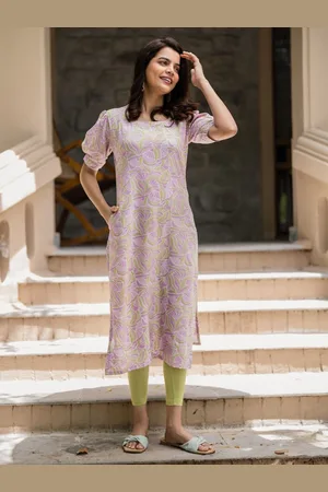 Hay Floral Printed Round Neck Puffed Sleeves Straight Kurta
