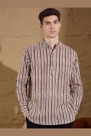 DENNISON Striped Printed Pure Cotton Band Collar Straight Kurta