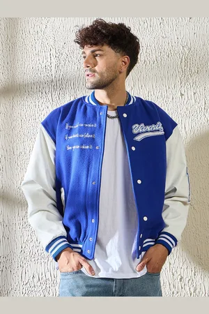 FUGAZEE Men Stand Collar Typography Printed Woollen Casual Varsity Jacket
