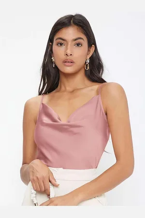 KOTTY Women Solid Cowl Neck Shoulder Straps Satin Top