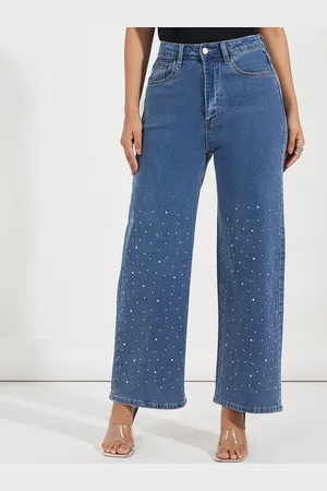 Styli Women High Rise Rhinestone Detail Wide Leg Jeans