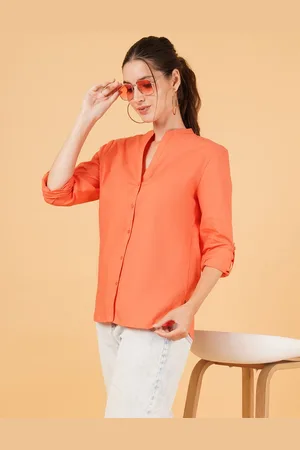 Mast & Harbour Women Relaxed Mandarin Collar Solid Cotton Oversized Casual Shirt